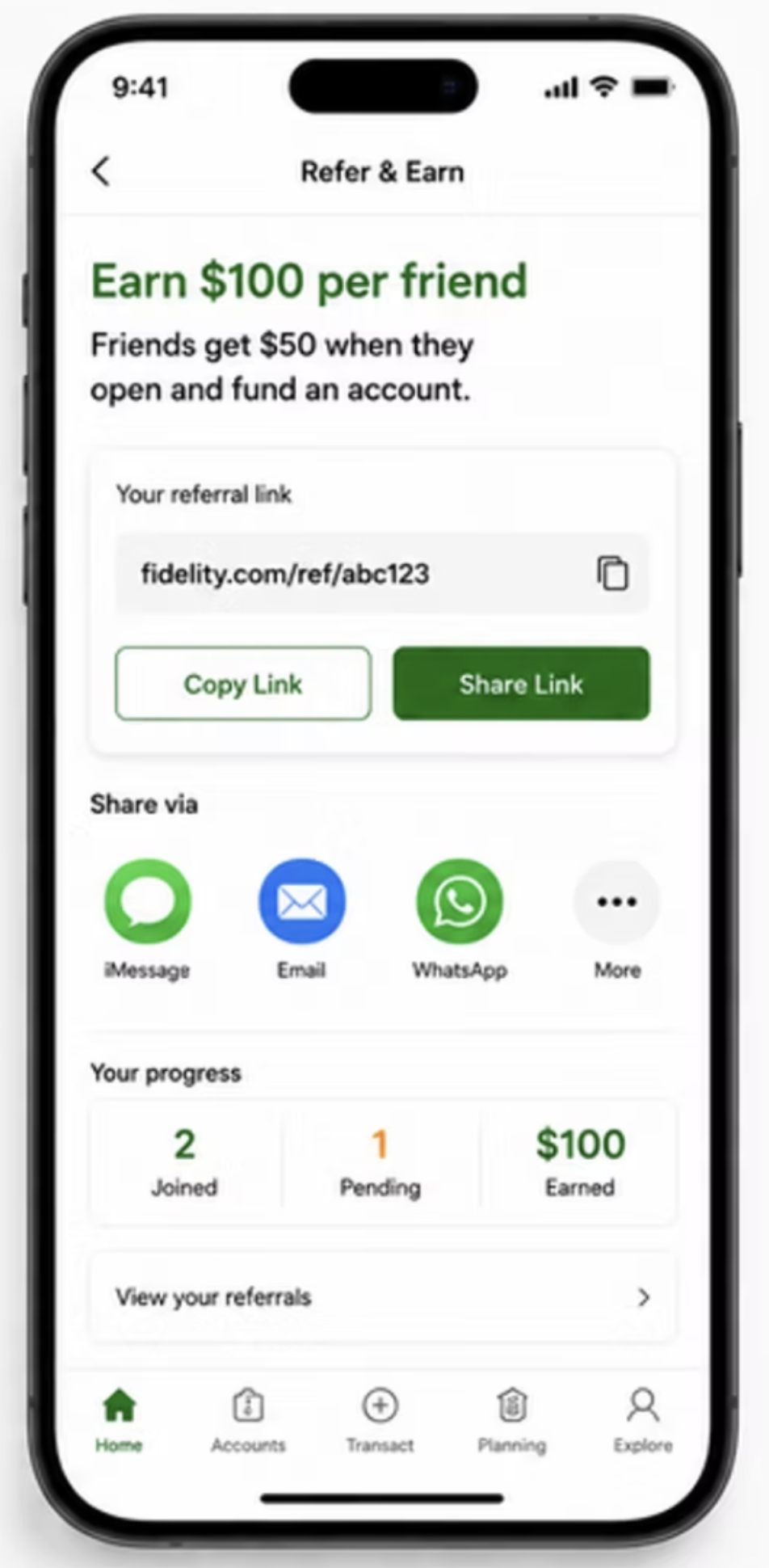 Fidelity Refer & Earn screen
